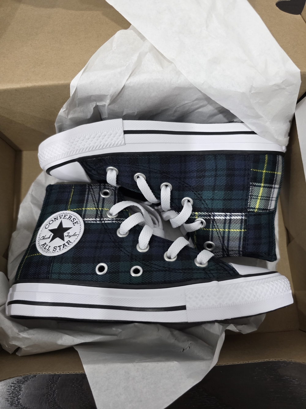 Converse All Star Navy Green Plaid High Top Sneakers